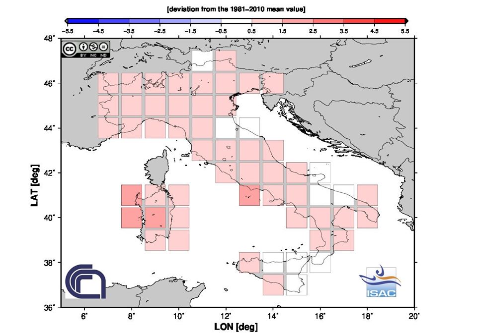 Figura 1. Anomalia termica della primavera 2020 in Italia (fonte: ISAC-CNR)