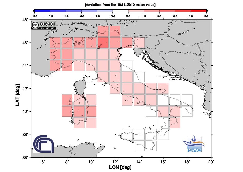 Figura 1. Anomalia termica di aprile 2020 in Italia
