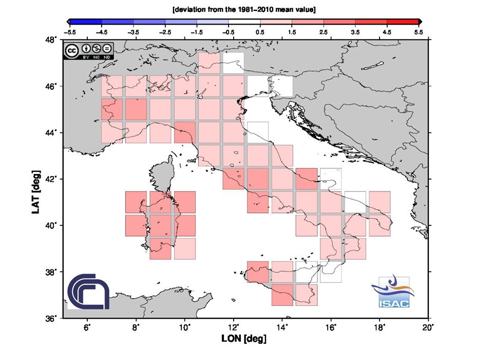 Figura 3. Anomalia termica di maggio 2020 in Italia (Fonte: ISAC-CNR)
