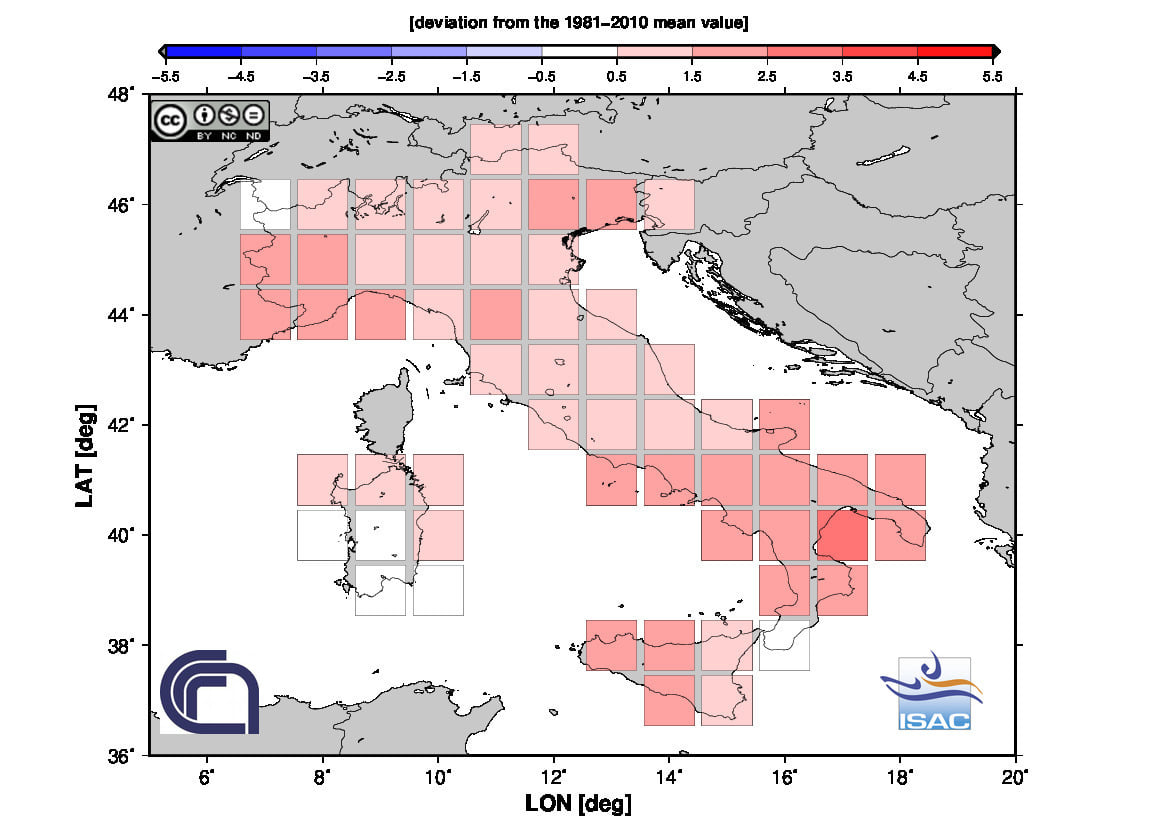 Fig. 2 Anomalia termica della temperatura media di settembre 2020 in Italia (Fonte: ISAC-CNR)