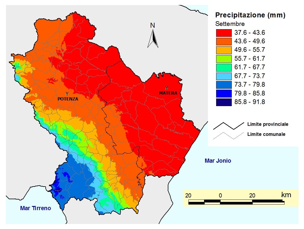 Fig. 4 Pluviometria media della Basilicata nel mese di settembre (Fonte: Servizio Agrometeorologico Lucano - ALSIA)
