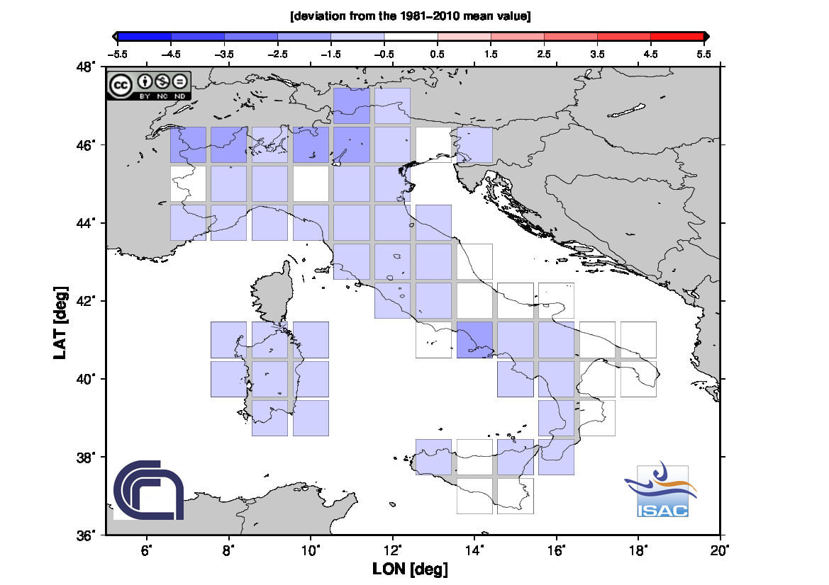 Fig. 2 Anomalia termica della temperatura media di ottobre 2020 in Italia (Fonte: ISAC-CNR)