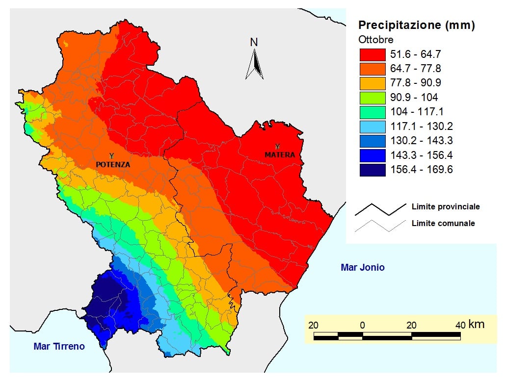 Fig. 5 Pluviometrica media della Basilicata nel mese di ottobre (Fonte: Servizio Agrometeorologico Lucano - ALSIA)