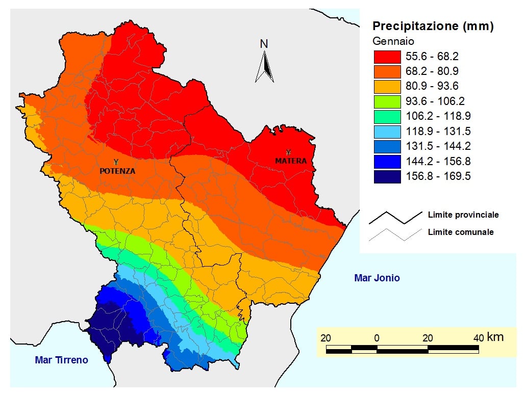 Fig. 5 Pluviometrica media della Basilicata nel mese di gennaio (Fonte: Servizio Agrometeorologico Lucano - ALSIA)