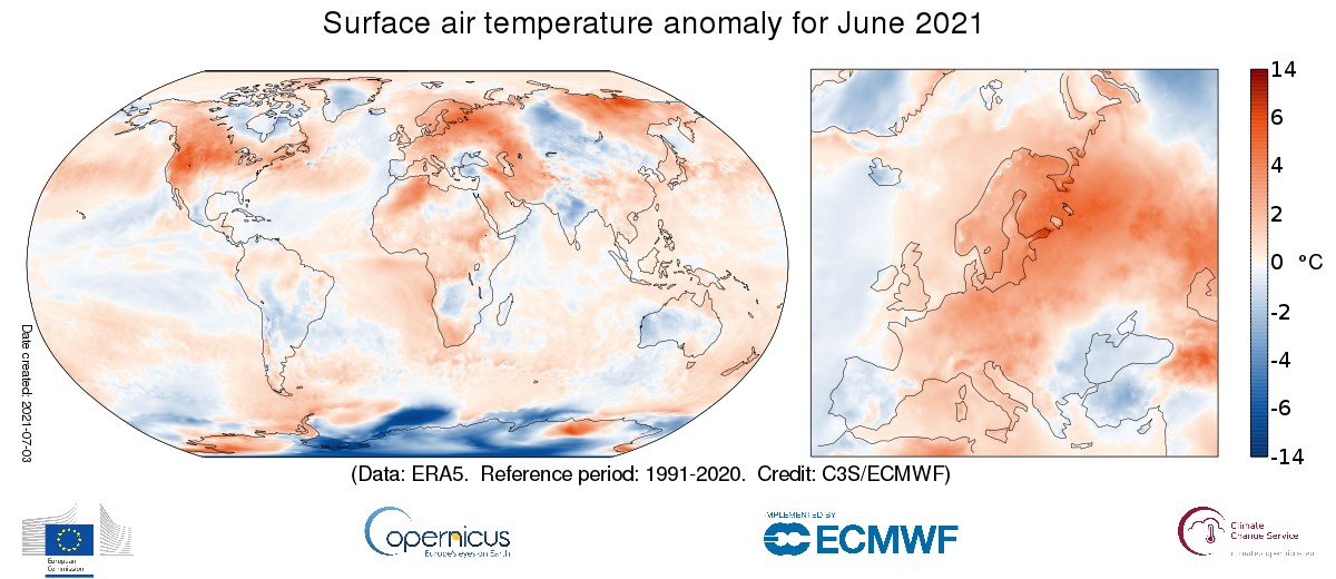 Fig. 1 Anomalia della temperatura in giugno 2021 (Fonte: Copernicus Climate Change Service/ECMWF)