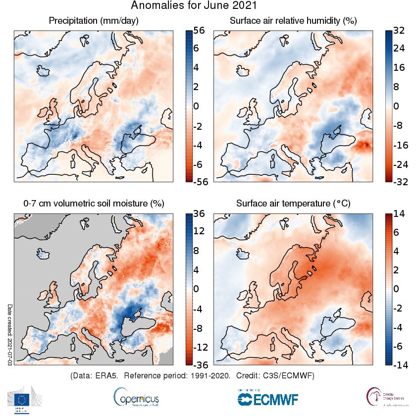 Fig. 2 Anomalia delle precipitazioni e di umidità relativa dell’aria di giugno 2021 (Fonte: Copernicus Climate Change Service/ECMWF)