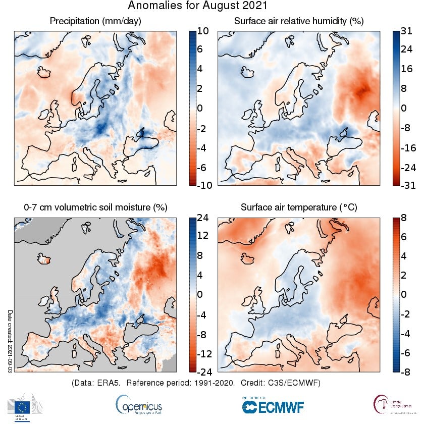 Figura 2. Anomalia delle variabili idrologiche di agosto 2021 (Fonte: Copernicus Climate Change Service/ECMWF)