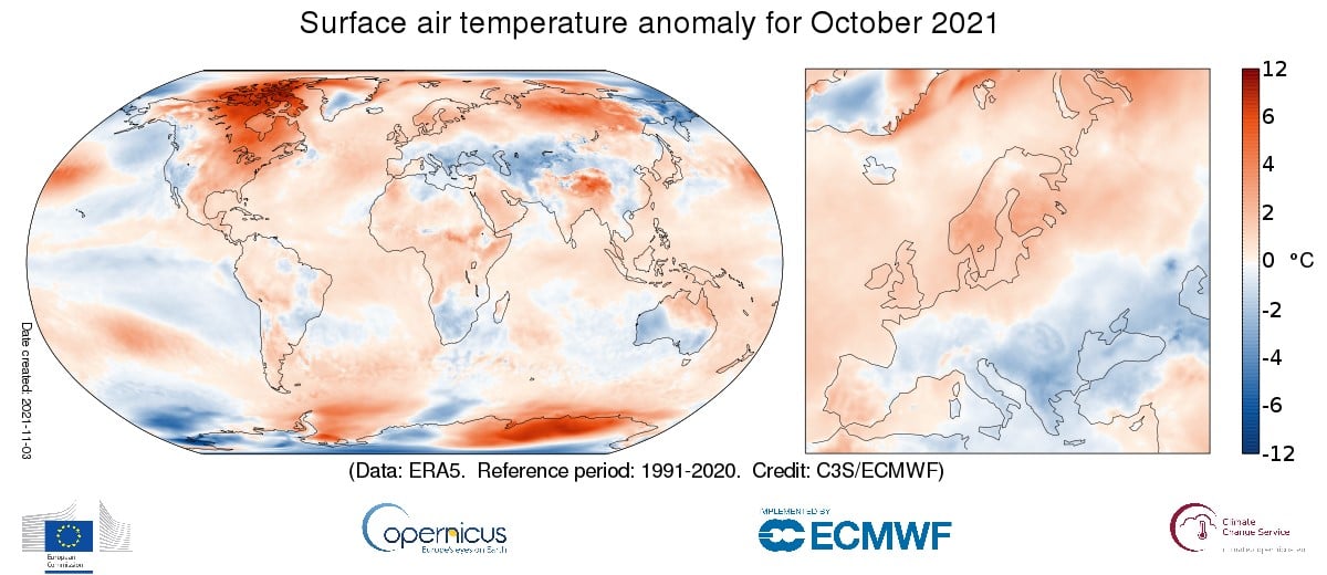 Fig. 1 Anomalia della temperatura di ottobre 2021 (Fonte: Copernicus Climate Change Service/ECMWF)