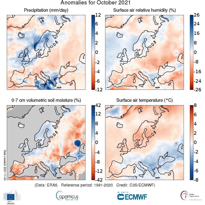 Fig. 2 Anomalia delle variabili idrologiche di ottobre 2021 (Fonte: Copernicus Climate Change Service/ECMWF)