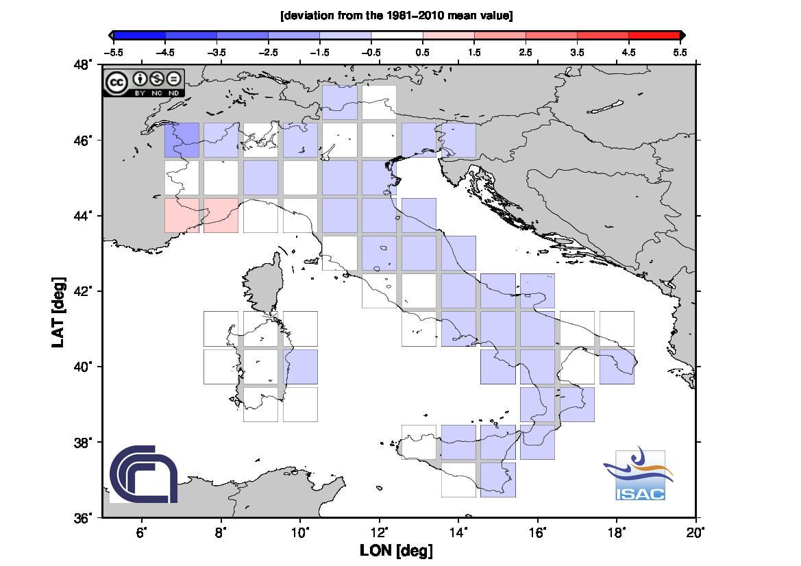 Fig. 3 Anomalia della temperatura media di ottobre 2021 in Italia (Fonte: ISAC-CNR)
