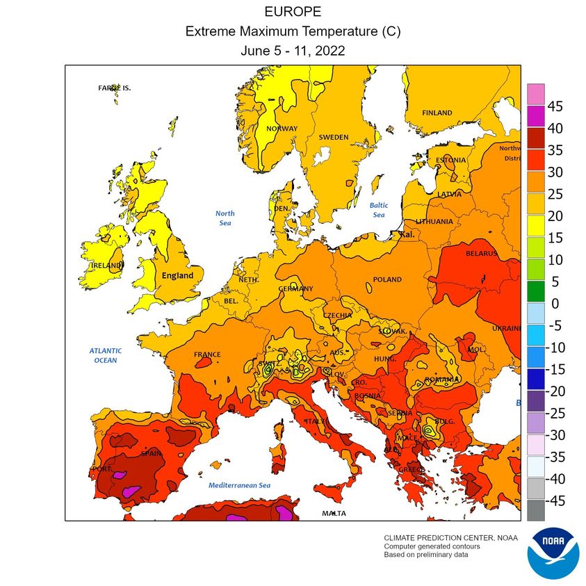 Figura 1. Anomalia della temperatura massima nella prima settimana di giugno 2022 (Fonte: NOAA)