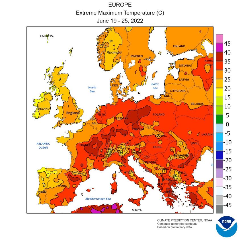 Figura 2. Anomalia della temperatura massima nella terza settimana di giugno 2022 (Fonte: NOAA)