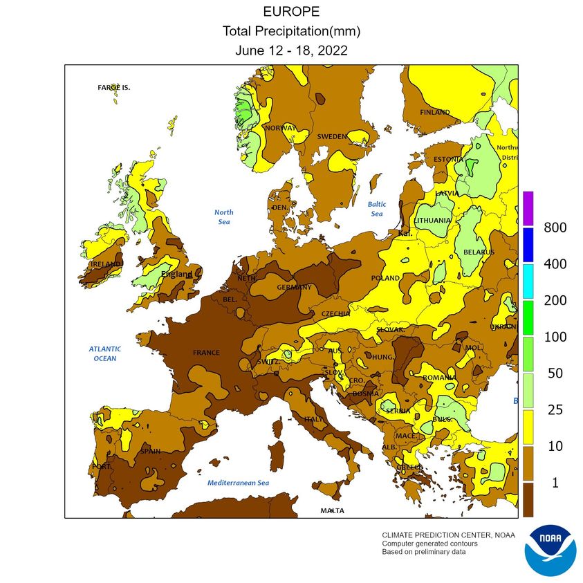 Figura 4. Precipitazioni cumulate nella seconda settimana giugno 2022 (Fonte: NOAA)