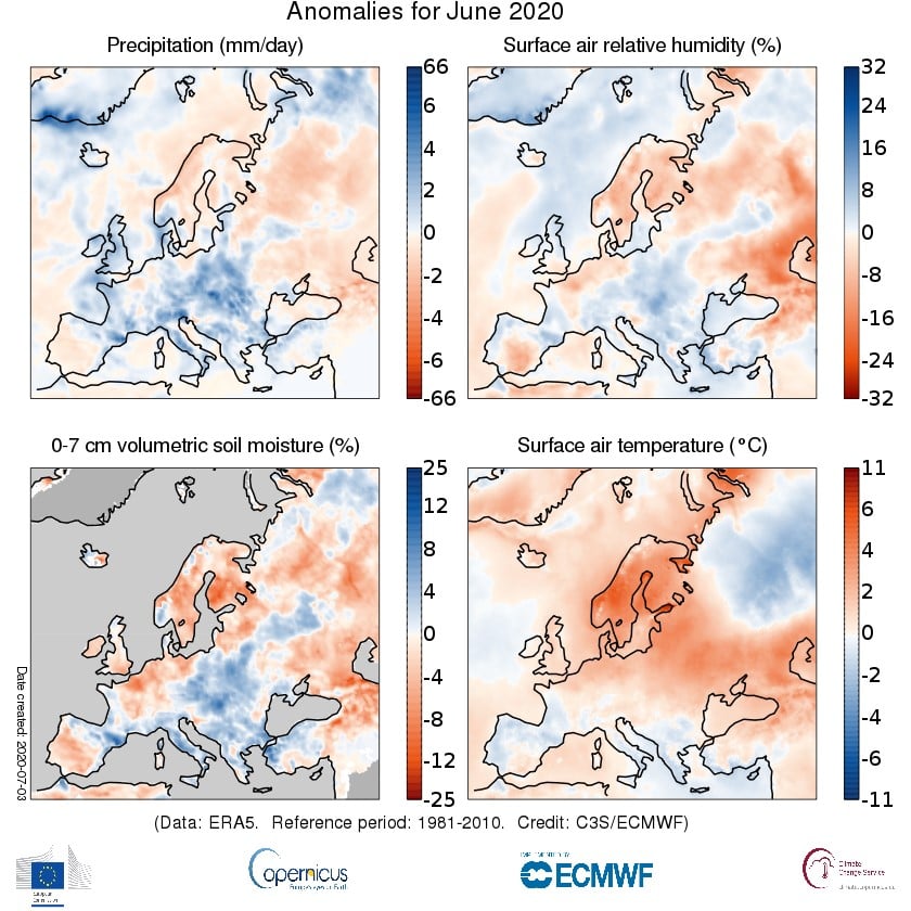 Figura 1. Anomalia termica, pluviometrica e dell’umidità dell’aria e del suolo in Europa in giugno 2020 rispetto al periodo 1981-2010 (Fonte: Copernicus Climate Change Service/ECMWF)