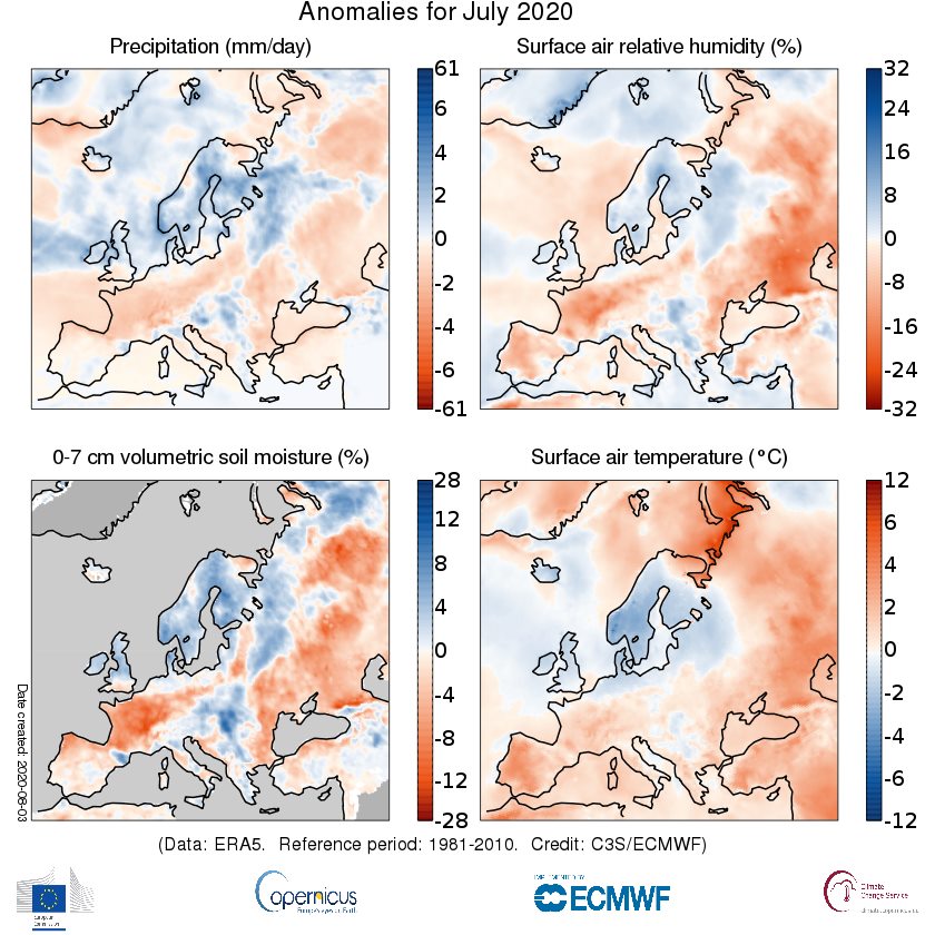 Fig. 1 Anomalia termica, pluviometrica e dell’umidità dell’aria e del suolo in Europa in luglio 2020 rispetto al periodo 1981-2010 (Fonte: Copernicus Climate Change Service/ECMWF)
