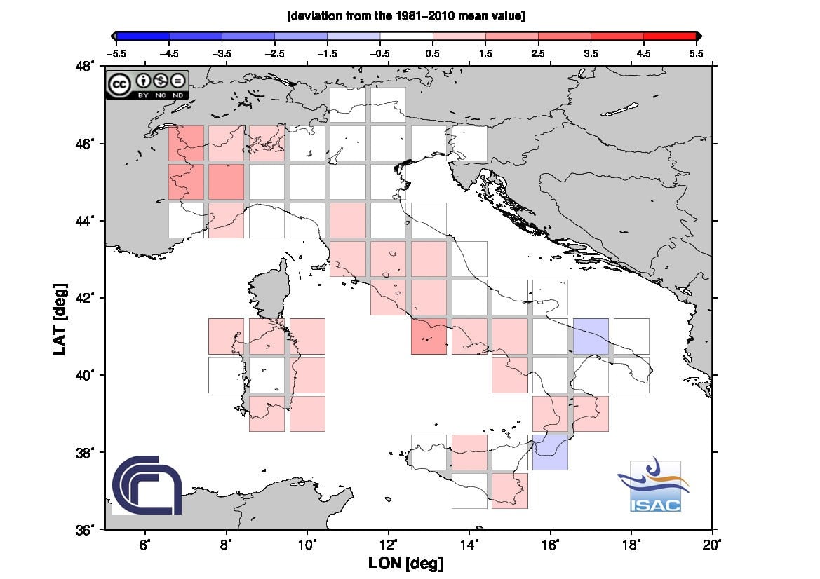 Fig. 2 Anomalia termica della temperatura media di luglio 2020 in Italia (Fonte: ISAC-CNR)