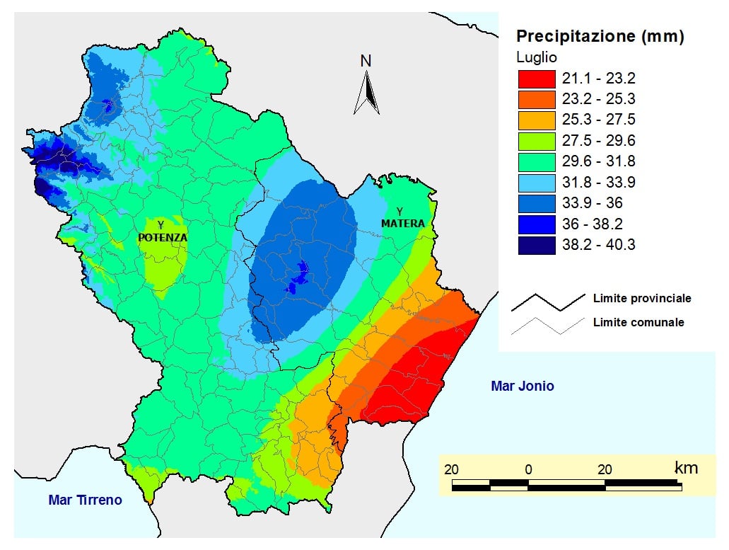 Fig. 4 Pluviometrica media della Basilicata nel mese di luglio (Fonte: Servizio Agrometeorologico Lucano - ALSIA)
