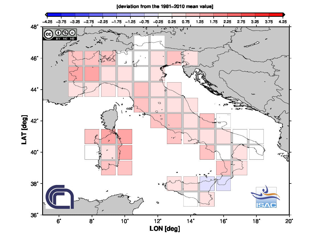 Fig. 3 Anomalia termica della temperatura media della stagione estiva 2020 in Italia (Fonte: ISAC-CNR)
