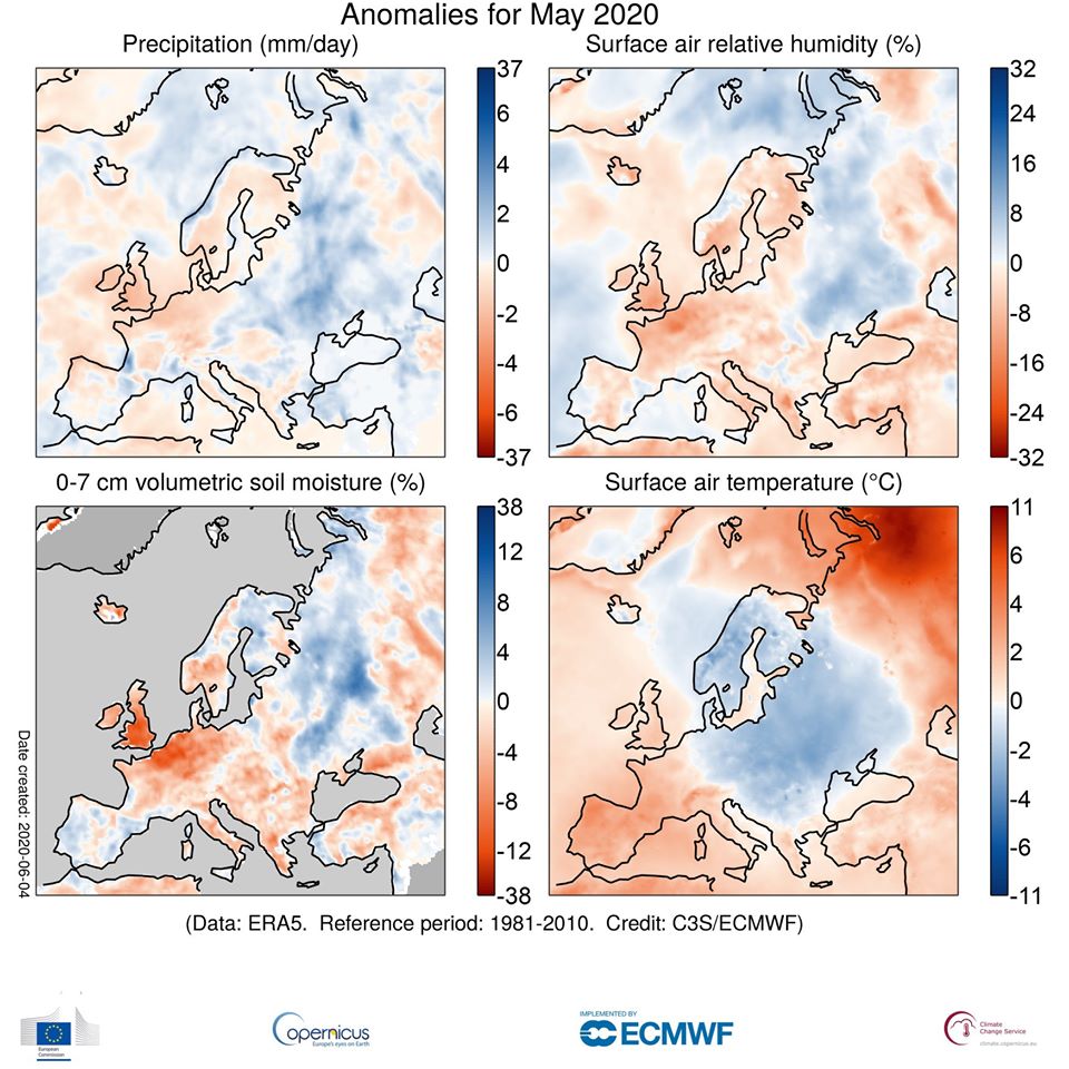 Figura 2. Anomalia termica, pluviometrica e dell’umidità relativa dell’aria e del suolo in Europa in maggio 2020 rispetto al periodo 1981-2010 (Fonte: Copernicus Climate Change Service/ECMWF)