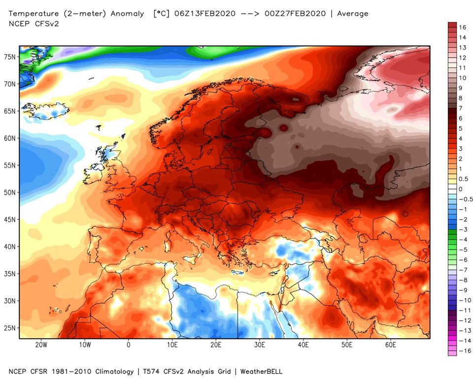 Figura 2. Anomalia termica di fine febbraio 2020 in Europa