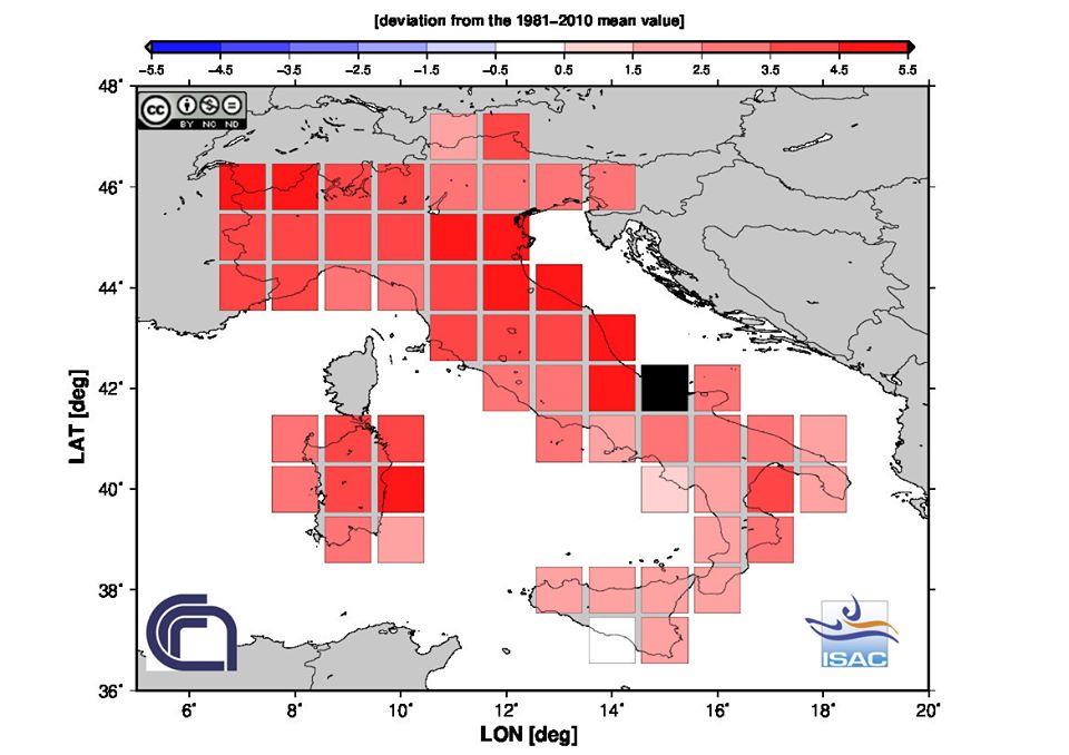 Figura 3. Anomalia della temperatura massima di febbraio 2020 in Italia 