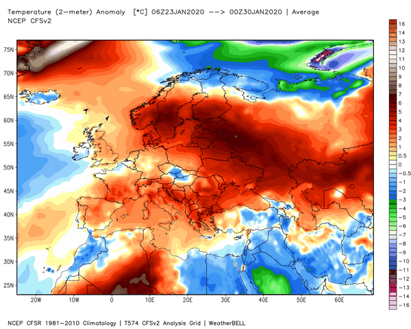 Figura 1. Anomalia termica di fine gennaio 2020 in Europa 