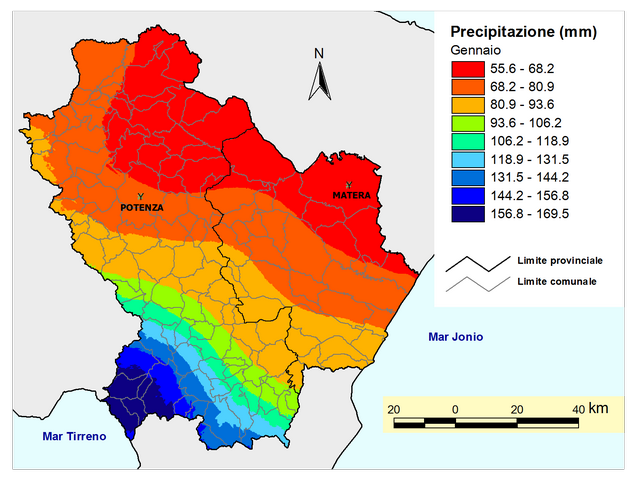 Figura 2. Piovosità media di gennaio in Basilicata