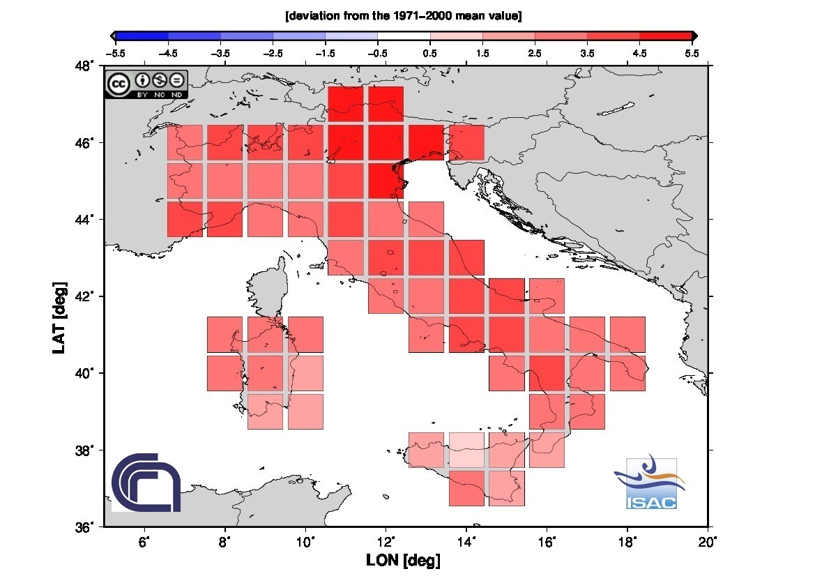 Fig 3. Anomalia della temperatura media di giugno 2019 in Italia 