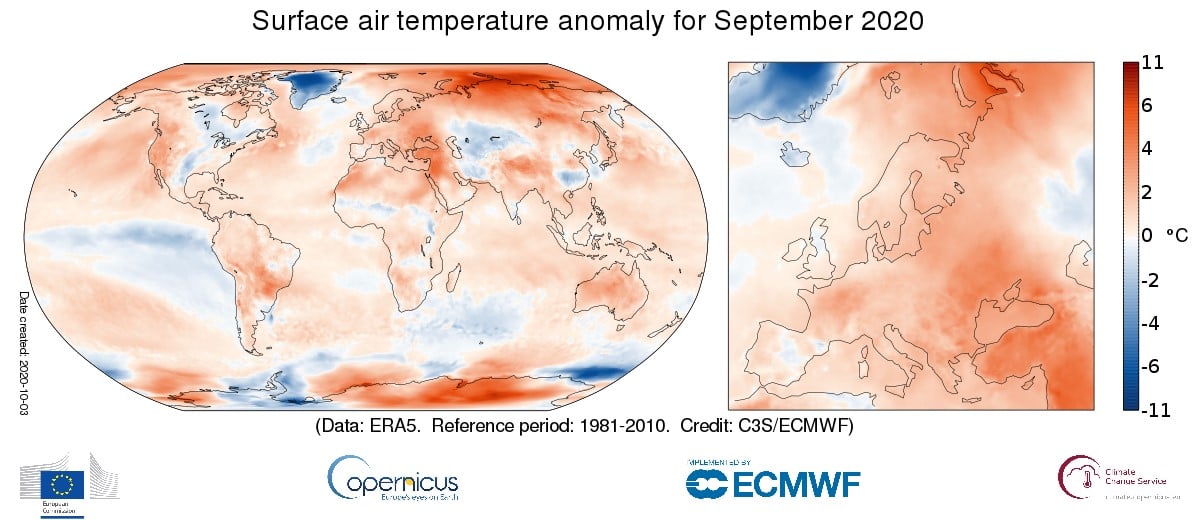Fig. 1 Anomalia termica in Europa e nel mondo in settembre 2020 (Fonte: Copernicus Climate Change Service/ECMWF)