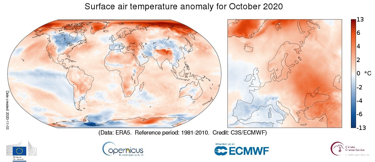 Fig. 1 Anomalia termica in Europa e nel mondo in ottobre 2020 (Fonte: Copernicus Climate Change Service/ECMWF)