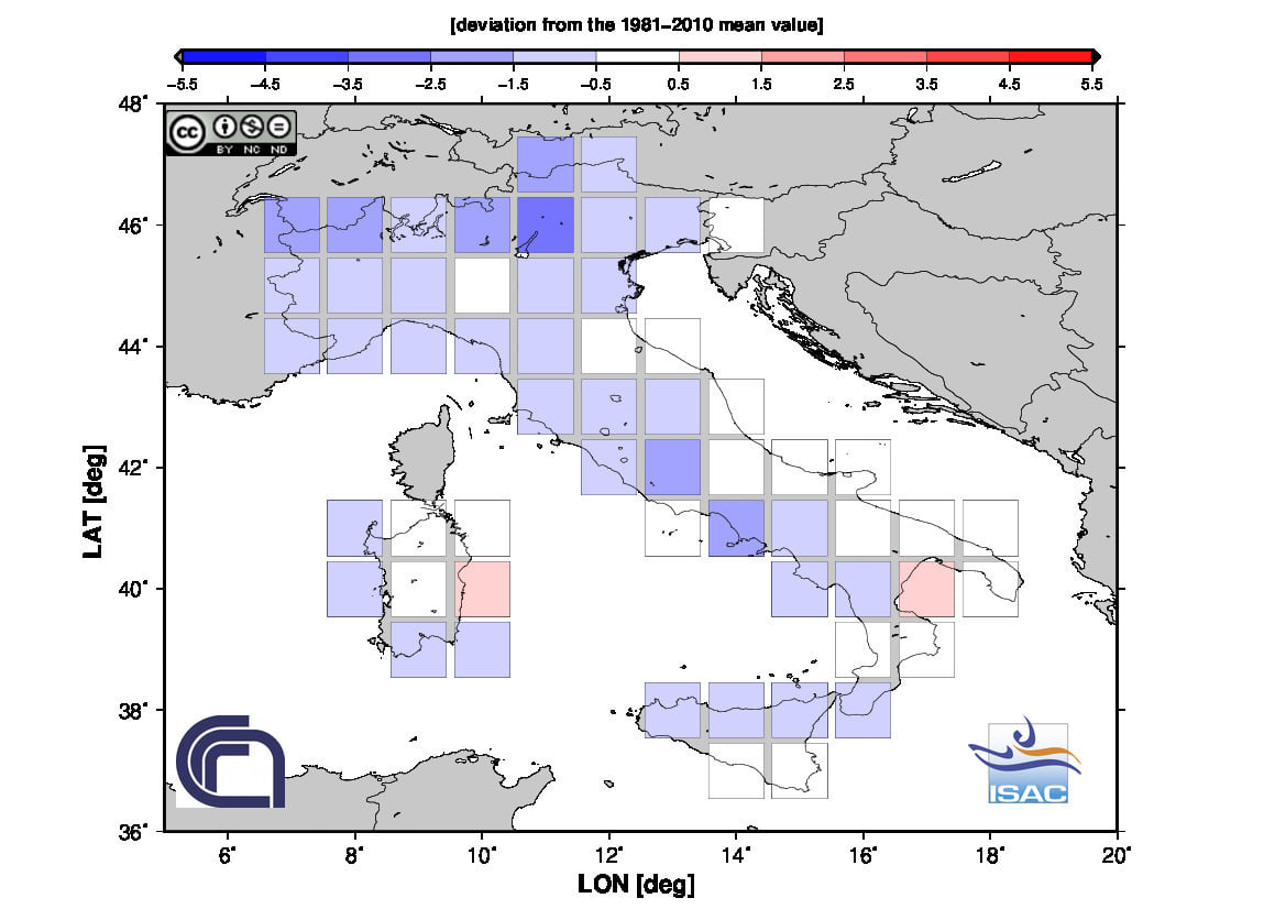 Fig. 3 Anomalia termica della temperatura massima di ottobre 2020 in Italia (Fonte: ISAC-CNR)