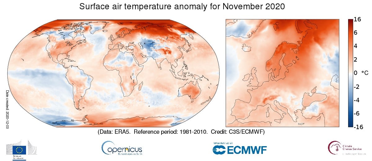 Fig. 1 Anomalia termica in Europa e nel mondo in novembre 2020 (Fonte: Copernicus Climate Change Service/ECMWF)