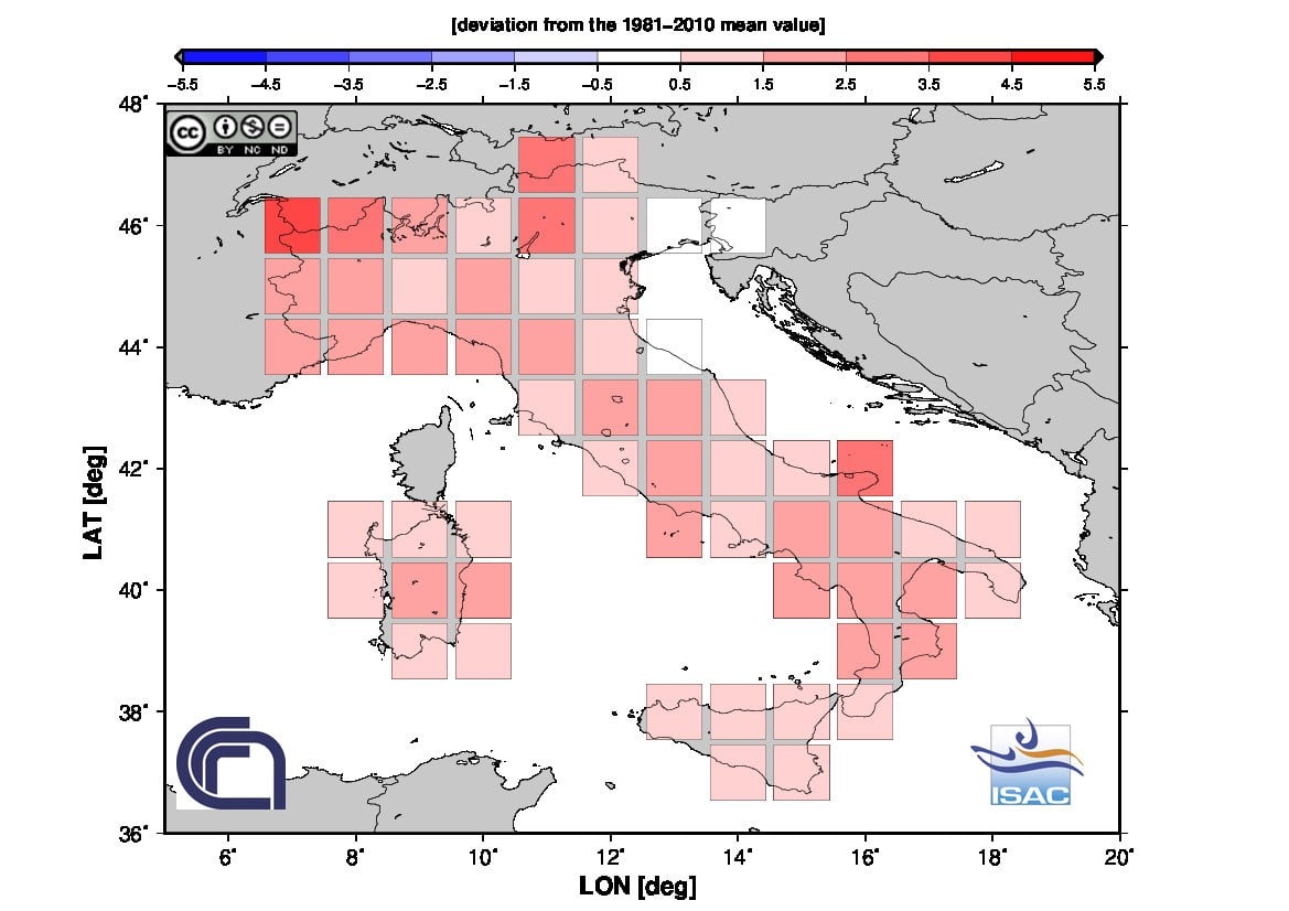 Fig. 2 Anomalia termica della temperatura media di novembre 2020 in Italia (Fonte: ISAC-CNR)