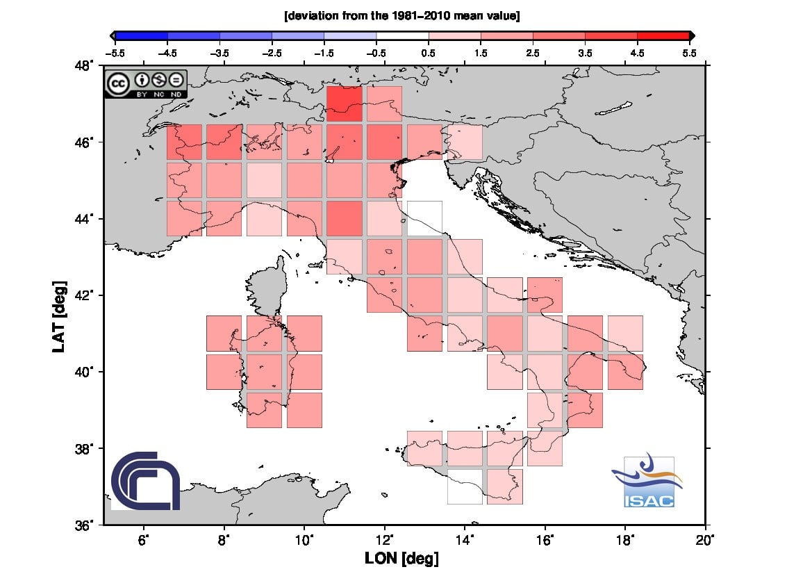 Fig. 3 Anomalia termica della temperatura massima di novembre 2020 in Italia (Fonte: ISAC-CNR)