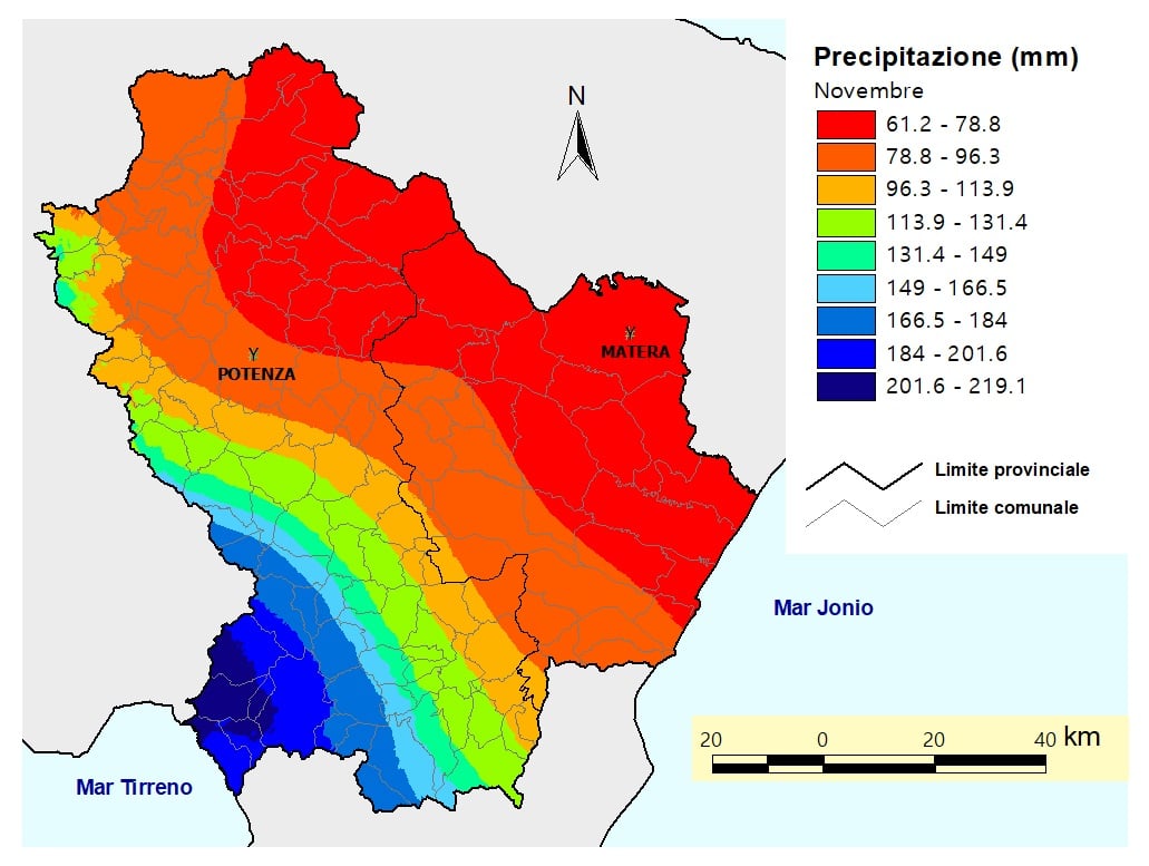 Fig. 5 Pluviometrica media della Basilicata nel mese di novembre (Fonte: Servizio Agrometeorologico Lucano - ALSIA)