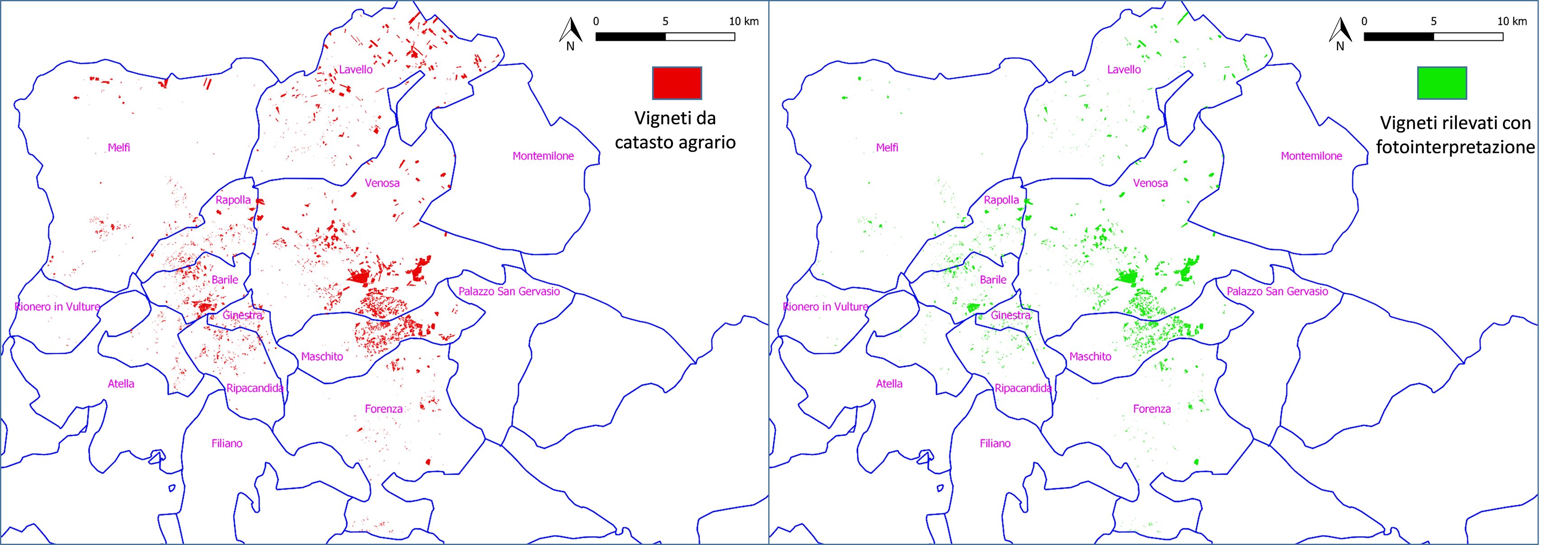 Figura 2. A sinistra i vigneti del distretto del Vulture-Melfese così come restituiti dal catasto agrario; a destra vigneti rilevati attraverso la procedura basata su fotointerpretazione e analisi GIS. Le differenze sono legate da un lato all’occorrenza di casi di espianto/impianto rilevati con la fotointerpretazione di un’ortofoto più recente (2017) rispetto al dato catastale (2014) e dall’altra a meri errori materiali nella redazione del catasto agrario.