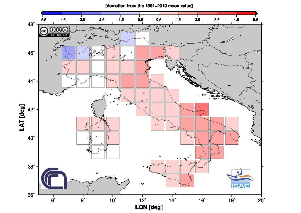 Fig. 2. Anomalia termica della temperatura media di dicembre 2020 in Italia (Fonte: ISAC-CNR)
