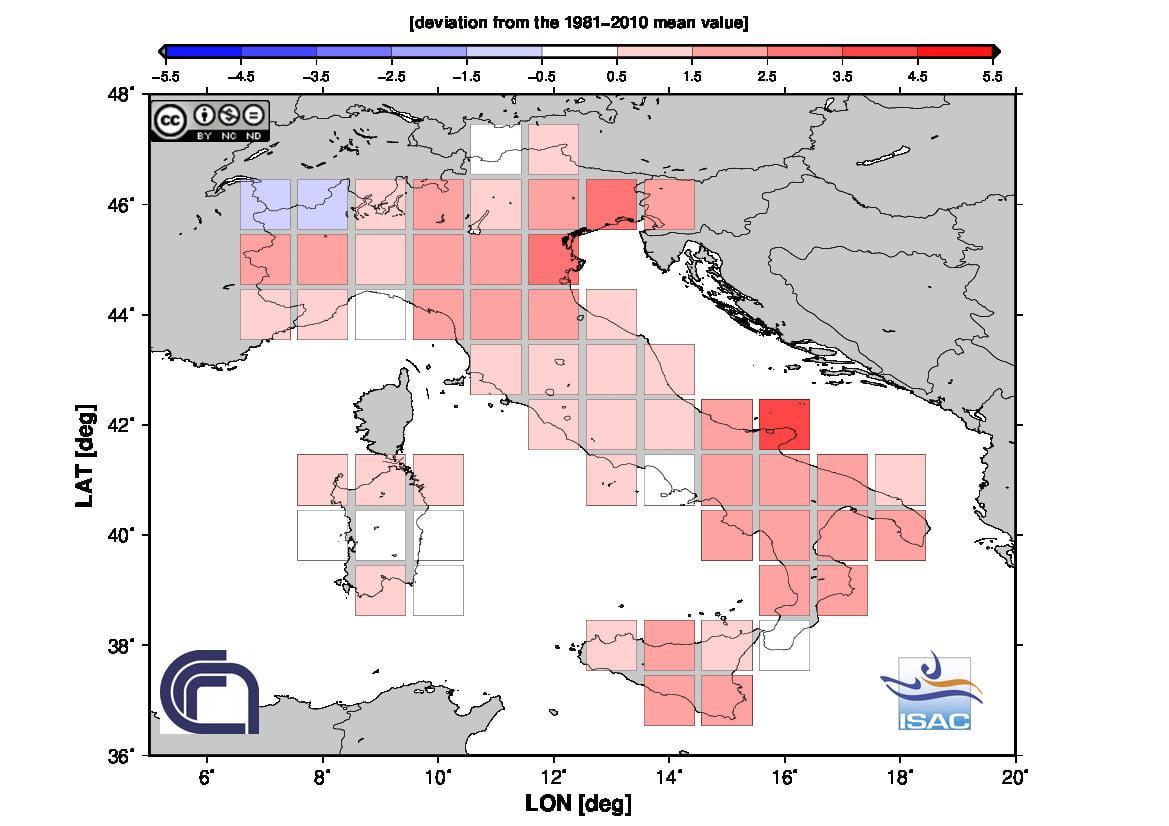 Fig. 3. Anomalia termica delle temperature minime di dicembre 2020 in Italia (Fonte: ISAC-CNR)