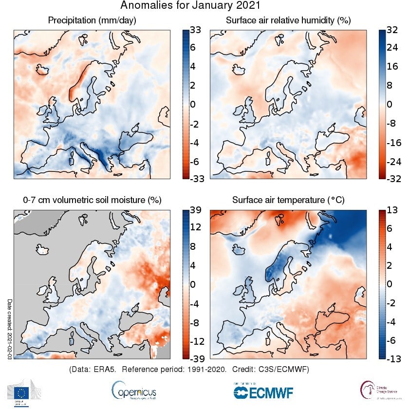Fig. 1 Anomalie in Europa di gennaio 2021 (Fonte: Copernicus Climate Change Service/ECMWF)