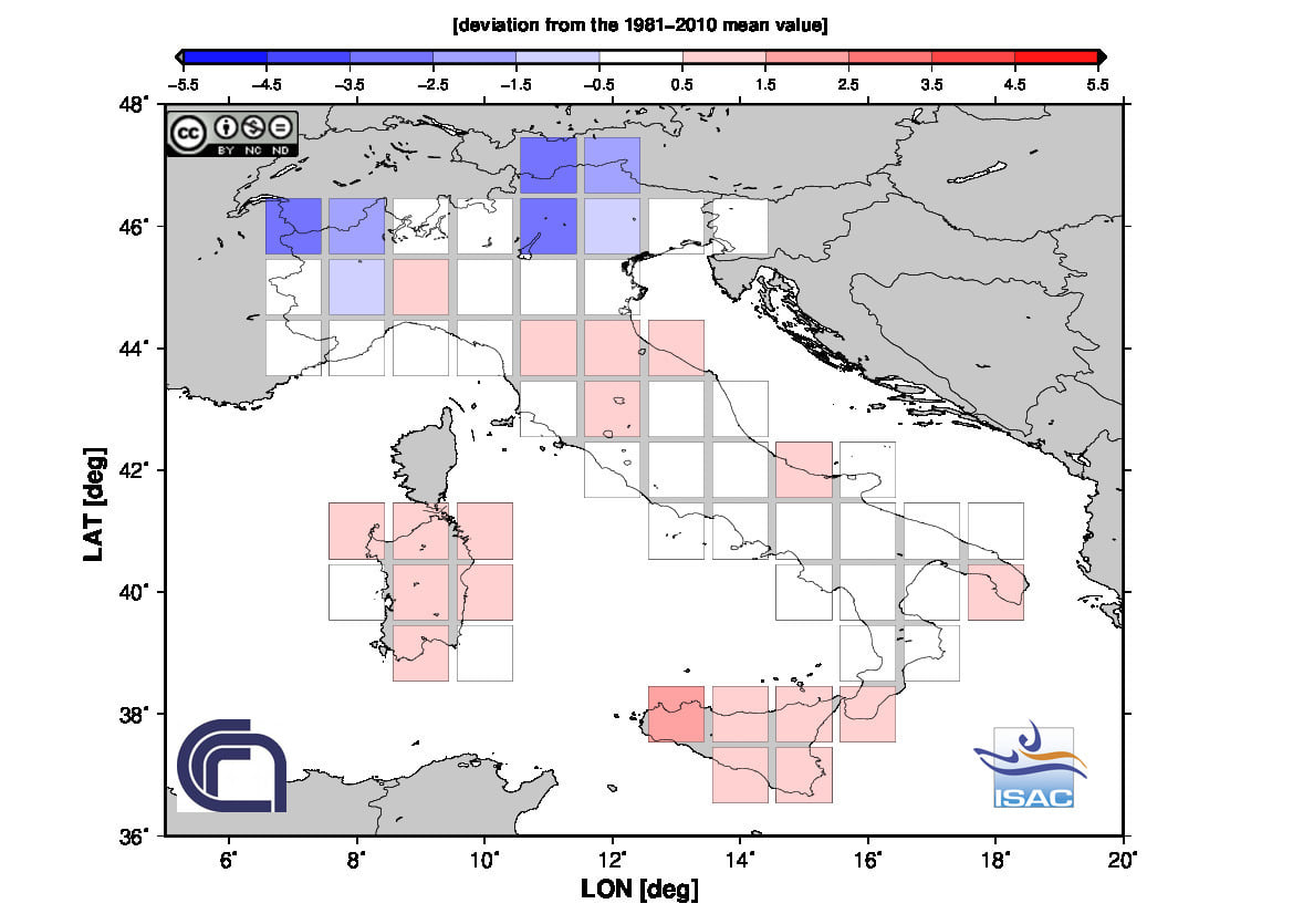 Fig. 2 Anomalia termica della temperatura media di gennaio 2021 in Italia (Fonte: ISAC-CNR)