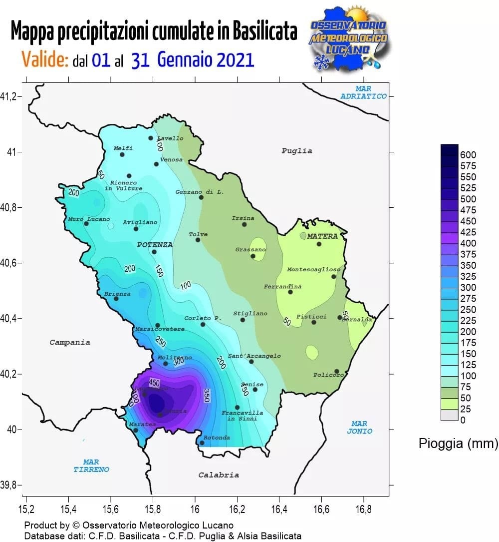Fig. 4 Mappa delle precipitazioni cumulate in Basilicata nel mese di gennaio (Fonte: Osservatorio Meteorologico Lucano)