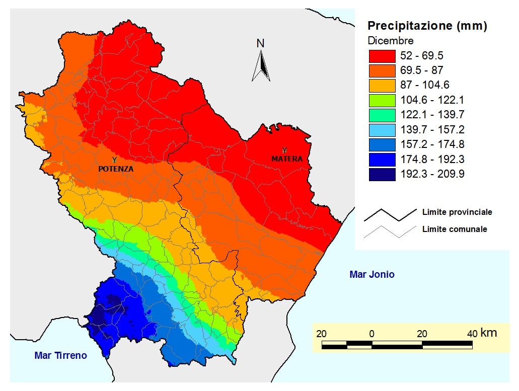 Fig. 5. Pluviometrica media della Basilicata nel mese di dicembre (Fonte: Servizio Agrometeorologico Lucano - ALSIA)