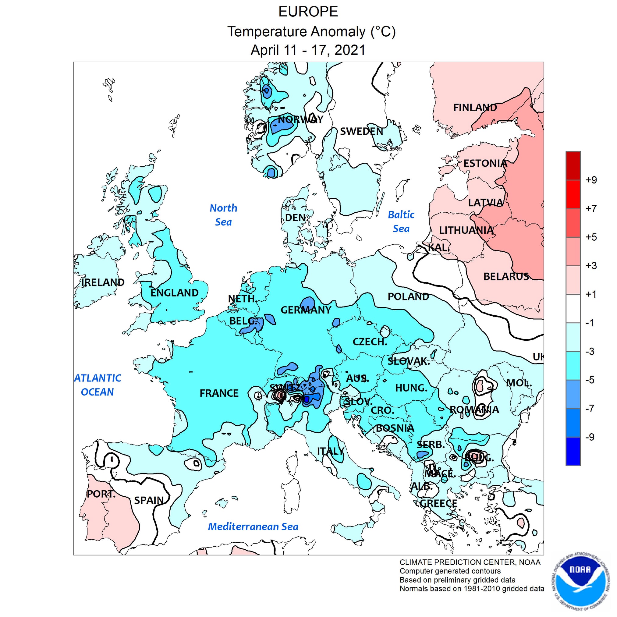 Figura 1. Anomalia della temperatura in Europa dal 11 al 17 aprile 2021 (Fonte: Climate Prediction Center NOAA)