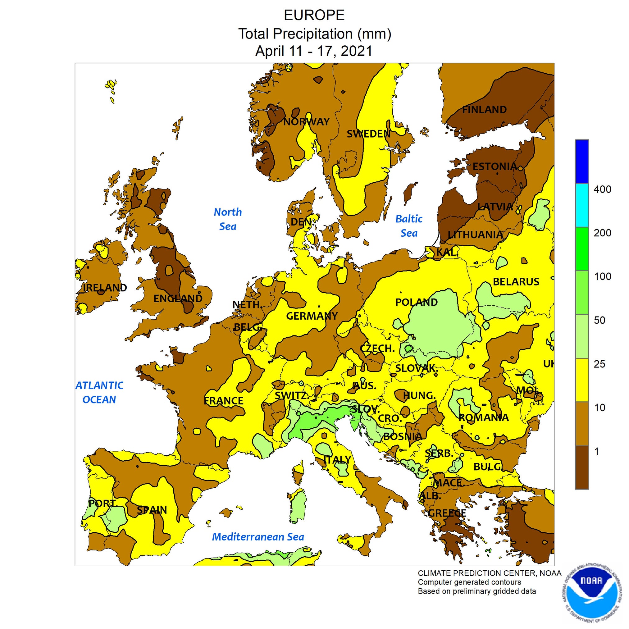 Figura 2. Totale precipitazioni dal 11 al 17 aprile, 2021 (Fonte: Climate Prediction Center NOAA)