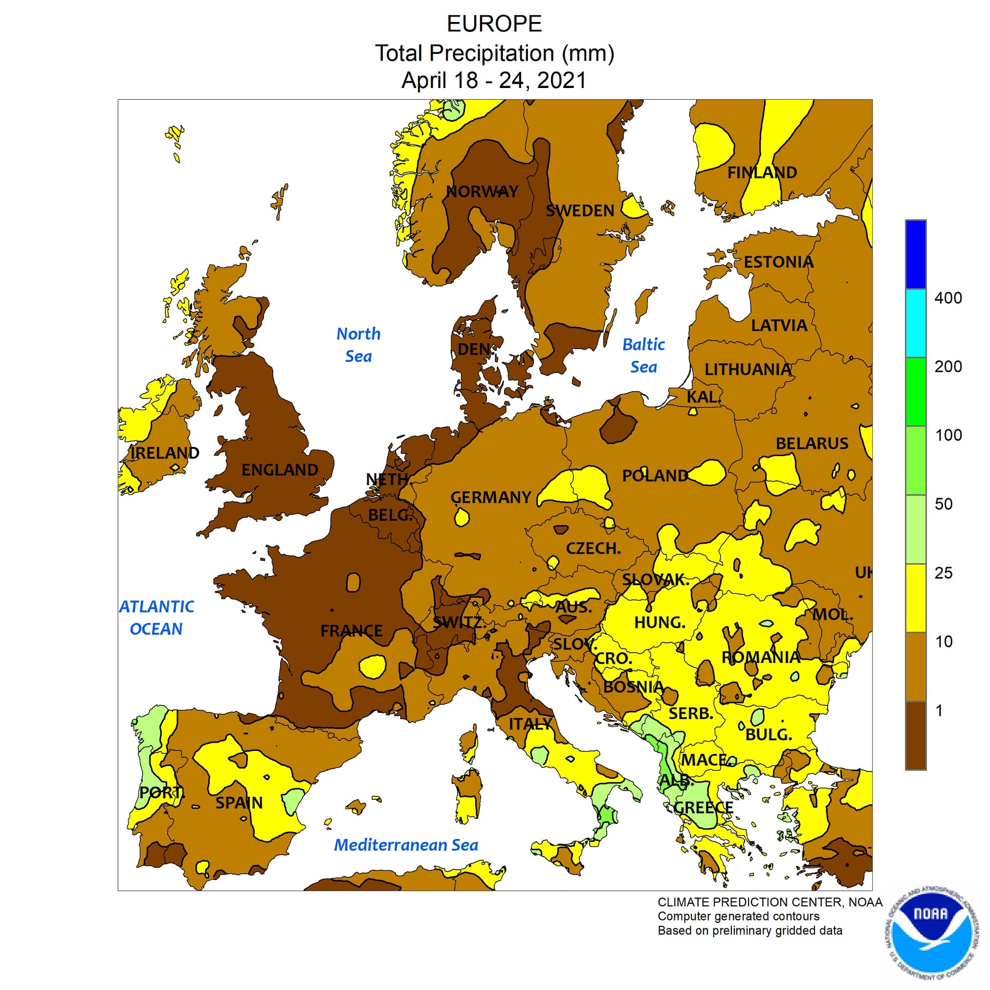 Figura 3. Totale precipitazioni dal 18 al 24 aprile, 2021 (Fonte: Climate Prediction Center NOAA)