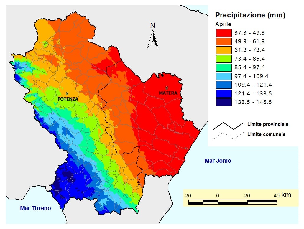 Fig. 4 Pluviometria media della Basilicata nel mese di aprile (Fonte: Servizio Agrometeorologico Lucano - ALSIA)