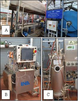 Foto 2. Impianti ENEA. A: impianto StELe; B: impianto ad alto carico di solidi; C: fermentatore scala pilota da 50 litri.  