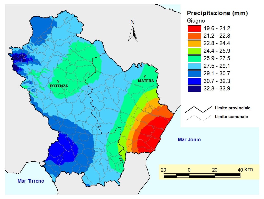 Fig. 3 Pluviometria media della Basilicata nel mese di giugno (Fonte: Servizio Agrometeorologico Lucano - ALSIA)