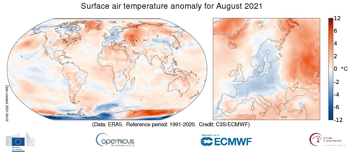 Figura 1. Anomalia della temperatura in agosto 2021 (Fonte: Copernicus Climate Change Service/ECMWF)