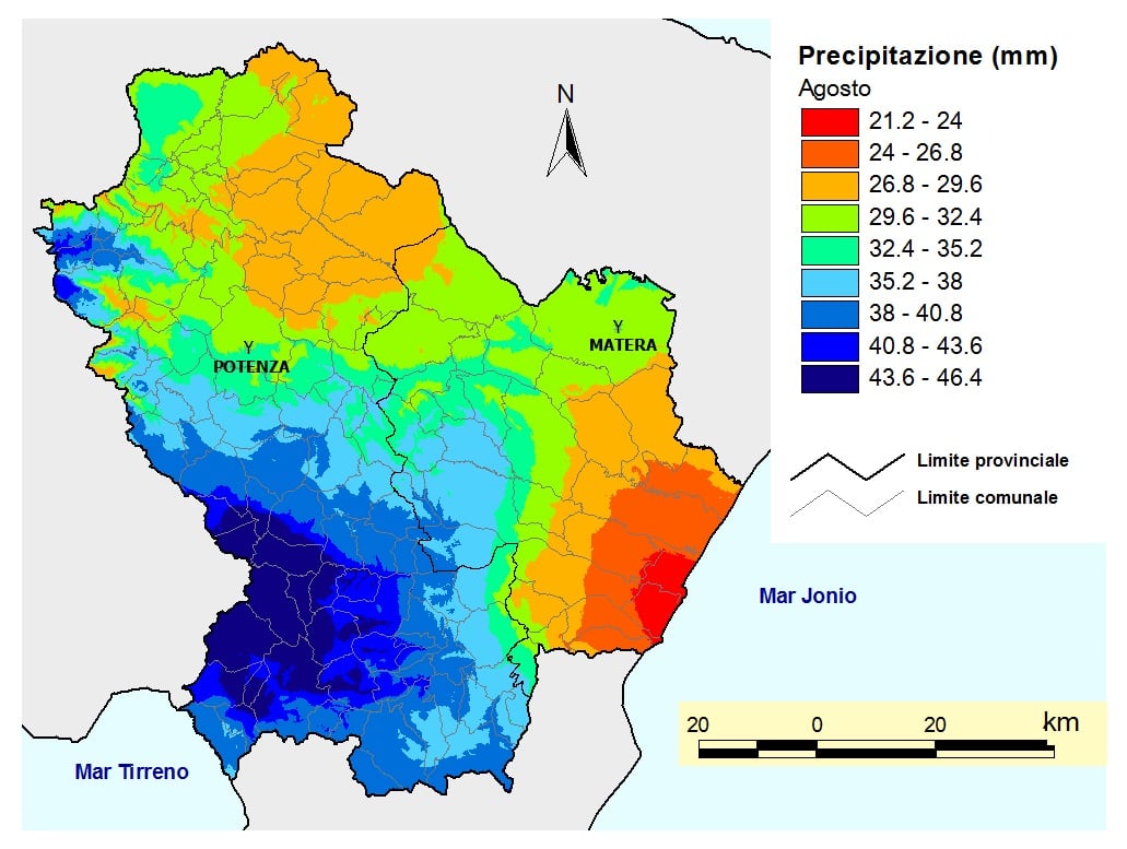 Figura 3. Pluviometria media della Basilicata nel mese di agosto (Fonte: Servizio Agrometeorologico Lucano - ALSIA)